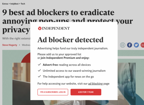 The Independent's article on "9 best ad blockers", obscured by their "ad blocker detected" popup