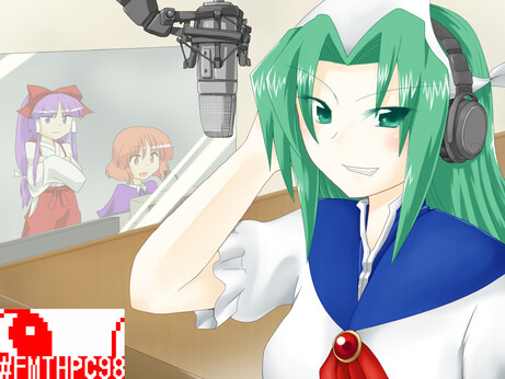 HRtP Mima doing a voice acting session looking at the viewer smiling while holding her right headphone. PC-98 Reimu and a hatless SoEW Marisa are watching behind the glass