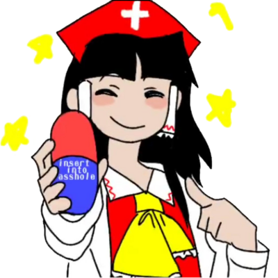 Reimu with sparkling stars around her holding a relatively large red-and-blue pill vertically (with the white text "insert into asshole" on the bottom blue part), pointing to it happily with her left as if she wants you to take it