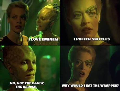 Borg Queen:  I LOVE EMINEM

7 of 9:  I PREFER SKITTLES

Borg Queen: NO, NOT THE CANDY,
THE RAPPER.

7 of 9: WHY WOULD I EAT THE WRAPPER?