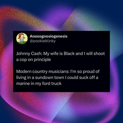 Anosognosiogenesis
@pookleblinky

Johnny Cash: My wife is Black and | will shoot
a cop on principle

Modern country musicians: I'm so proud of
living in a sundown town | could suck off a
marine in my ford truck