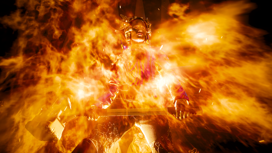My Cyberpunk 2077 V. standing in a burst of flames engulfing her body almost erasing it's viability in the bright orange and yellow wirl of energy. V.'s head peaks out between two upper peeks of fire facing the top right of the picture.

With keen work one can see her body in the flame she stands firm her legs a bit spread to support the weight of a giant hammer resting in both of her hands, the rest of her body is hidden behind the flames