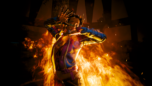 Same V. same flames this time stands almost in front of them but still inside, her body is facing the left side but her torso is bent to the viewer, the shiny, reflecting material of her jacket clearly visible. The flames only reach up to her shoulders, her facial expression seems some between fear or fun she holds her arms high spread away but with bend elbows so her hands frame her face. It looks a bit like she tries to cover her face or frame it, or maybe to keep her arms  and head above the flames
