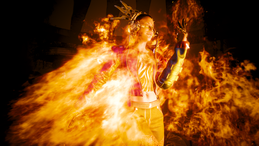 Again same V. She emerges from the flames by casually walking out of them. V. Walks from the left to the right
Her right body side is almost invisible in the bright burst of fire that surrounds her like an angels wing would, some flames dances around in her left hand she has lifted in front of her face which cshows her impression somewhere between exited and curious, her upper head is about the flames while most of her body is engulfed in it, the tech crown headset clearly visible.
A stream of fire waves away from her body almost like another angel wing would if V. would have angel wings made out of fire.