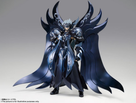 a heavily armored figure, a sectioned cape, large horns rising from the back, he wears a faceplate mask