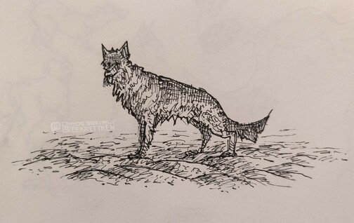 Black Fineliner on paper

Sketch of a dog, maybe german shepherd, standing in some kind of bumpy terrain with its tongue out.