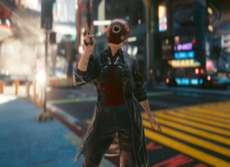 Screenshot from Cyberpunk 2077's photomode. Protag wearing lots of cyberpunk stuffs and throwing up a peace sign.