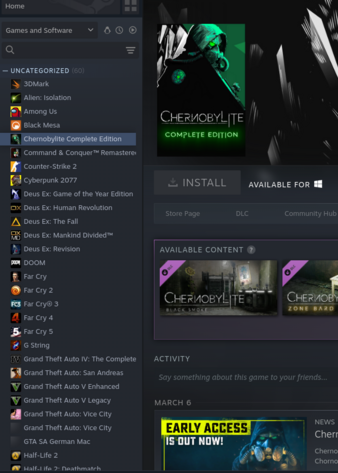 I can't install Chernobylite via Steam on Linux - no install candidate (greyed-out "Install" button)