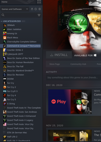 I can't install Command & Conquer Remastered via Steam on Linux - no install candidate (greyed-out "Install" button)