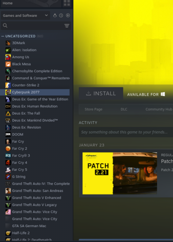 I can't install Cyberpunk 2077 via Steam on Linux - no install candidate (greyed-out "Install" button)