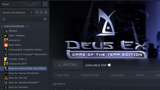 I can't even install Deus Ex GOTY via Steam on Linux - no install candidate (greyed-out "Install" button)