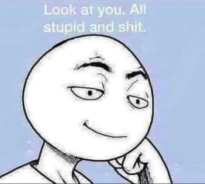 The image features a cartoon character with a large head and exaggerated facial features, including attentive, somewhat skeptical eyes and a raised eyebrow. The character is depicted with a slight smile, suggesting a playfully mocking expression. Above the character's head, there is a text in blue font that reads, "Look at you. All stupid and shit." This meme can be used as a reaction to convey a dismissive or sarcastic response to foolish or annoying behavior.