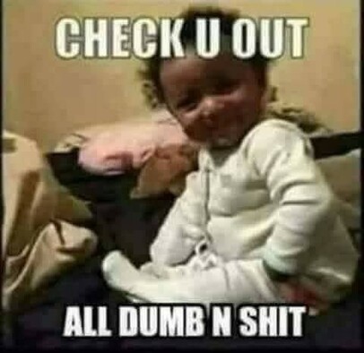 The image features a young child wearing a white onesie, reclined against some pillows. The child has a surprisingly expressive and mature face for their age. Overlaid on the image are two pieces of text: at the top in capital letters reading "CHECK U OUT" and at the bottom in uppercase letters shaded black with white outlines reading "ALL DUMB N SHIT". The juxtaposition implies a humorous and somewhat ironic contrast between the innocent image of the child and the adult, profane message.