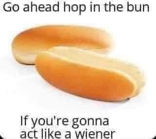 The image features two hot dog buns positioned side by side on a white background with a lightaint. There is a text overlay that reads "Go ahead hop in the bun" at the top and "If you're gonna act like a wiener" at the bottom, which makes it a humorous meme likely used to express a playful or ribbing reaction.