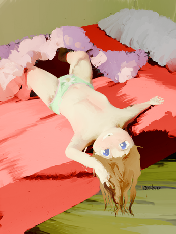 Oil painting style render. No, this is not A1 g3nerated. 

Small girl, with blue eyes and wide smile with a front tooth missing. her head upside down off the side of a red bed, golden brown locks hanging down to the floor with a single thread running through her fingers. She is naked besides a pair of meadow green panties with a daisy print on the front. Her feet are covered by a fluffy purple comforter. Her body is illuminated by sunlight coming through a window.