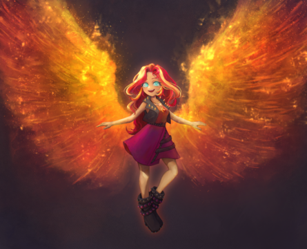 Sunset Shimmer flying with her flame wings