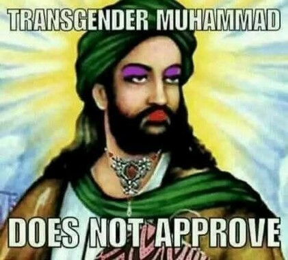 The image is a meme featuring a depiction of a bearded figure wearing a green turban and traditional attire. The figure has purple eyeshadow and lipstick, giving it a gender-nonconforming appearance. The text at the top reads "TRANSGENDER MUHAMMAD," and the text at the bottom reads "DOES NOT APPROVE." The meme appears to be a humorous or satirical take on religious figures and gender identity.