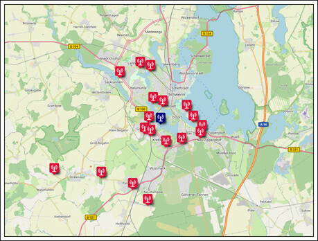 Bildbeschreibung:
Screenshot aus der OpenStreetMap mit den Punkten der bisher erreichten MeshCore Distanzen.