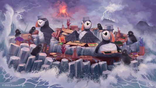 Plucky means having determined courage in the face of difficulties.
Puffins are resilient. They must cope with harsh weather conditions, climate change & habitat loss.

I chose to give the Puffin a profession as a Sushi chef, wearing a fancy chef's hat with intricate patterns, next to taking care of the little puffy pufflings. It takes a long time to be a chef. A puffin's diet consists of a lot of fresh fish.

It is a place in or near the ocean, the puffin's element. Water clashes against basalt stones inspired by Iceland, a region where these birds live (next to, e.g., the UK, Norway, Greenland) while caring for their young ones.

In the center, the Plucky Puffin chef rolls the next meal with the sushi mat, nervously looking at the puffling that studies the menu, unsure what to order.

The chef moves to the left side, checking if the "customers" are well cared for. Tuning the radio if the music frequency isn't to everybody's liking. I chose to give the radio a "compass frequency".

Then the Puffin slides to the front right side, serving a hungry but happy puffling its order. Others are waiting for the last one to order or can't hesitate to enjoy these delicacies.

The table is set: natural wooden bowls, kitchen utensils, rice, wasabi, ginger, fresh fish, serving boards, a sesame seed shaker, and coral decorations. Everything is as cozy as possible to forget about the harsh world for as long as possible.

In the background, we can see a volcano erupting & thunder striking.