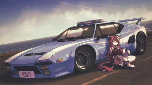 Raora Panthera sitting on the ground, leaning with her back onto De Tomaso Pantera sports car. The car has fictitious law enforcement livery