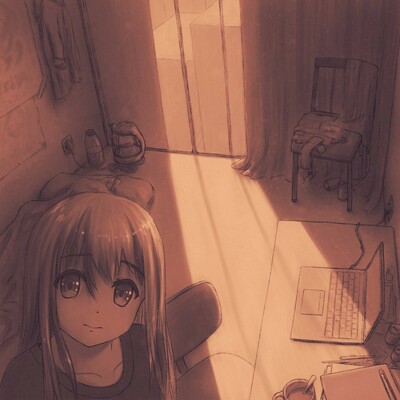 Person with long hair standing in a room lacking furniture. Evening sun casts sharp light and shadows upon the table with laptop and partially visible drawing tablet