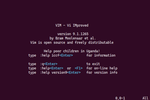 vim welcome screenshot showing version number and info about how to exit and get help about vim.