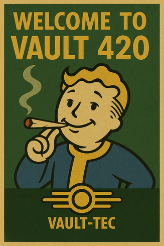 A parody Fallout-style poster features the Vault Boy character smiling while holding a lit joint in his hand. Smoke curls up from the joint, and he looks relaxed and carefree. The background is green with yellow text at the top that says “WELCOME TO VAULT 420.” At the bottom, the Vault-Tec logo appears above the word “VAULT-TEC” in the same yellow font. The artwork mimics the retro propaganda style of Fallout promotional material and was created with AI.