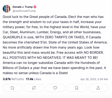 Donald Trump's threats to Canadian sovereignty on the alt right social media platform Truth Social on the 2025 Canadian Election Day.