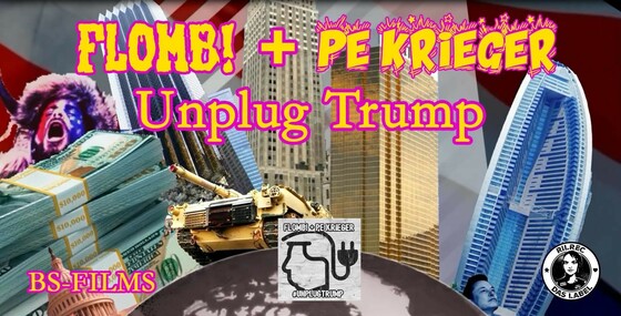 Bunter Scrennshot von goldenen Hochhäusern , Trumptower, goldenem Panzer, Geldbündeln ( Dollars) , Musk auf einer Weltkugel.