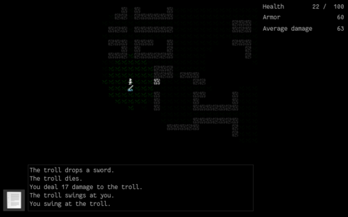 A screenshot of the game demonstrating the dungeon containing a player character with boosted characteristics standing above the monster corpse they just killed.
