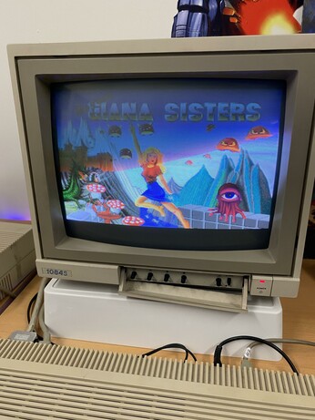 The image shows a vintage CRT monitor displaying a video game titled "The Hana Sisters." The game features a character in a colorful landscape with mushrooms, mountains, and various creatures. There is an Amiga computer beneath the monitor, and several cables are