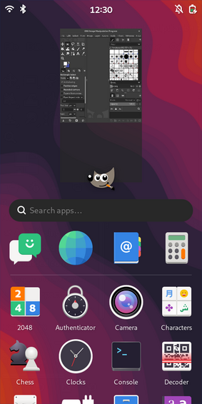 A screenshot showing phosh's overview with one running app: GIMP. The application icon beneath the thumbnail shows Wilber.