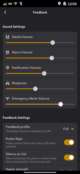 A screenshot of the mobile settings app showing the feedback panel. There are separate volume sliders for media, alarm, notification, ringtones and emergency alerts.