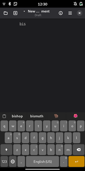 A screenshot showing phosh's on screen keyboard. The user typed "bis" and the auto completion bar shows the words bishop and bismuth and the emojis 🦬️ and 🌺️