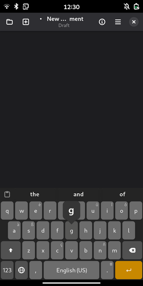 A screenshot showing phosh's on screen keyboard. The user presses the letter "g" and the keyboard and there's a small popover above the letter showing "g".