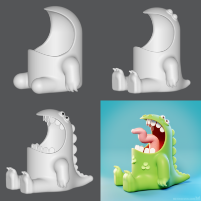 Viewport screenshots of the SDF Modeler 3D editor, showing a cartoon-style Godzilla monster model in progress.