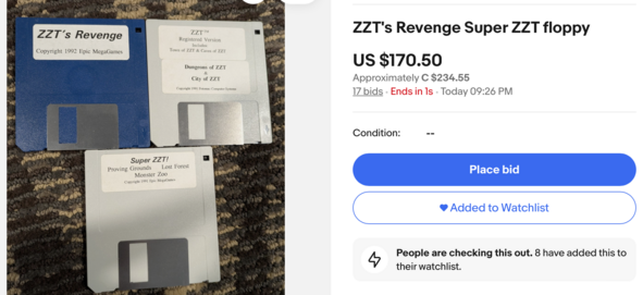 Three ZZT diskettes for sale on ebay. The final sale price was $170.50 USD.

The disks are:
ZZT's Revenge
ZZT Registered Version
Dungeons of ZZT & City of ZZT
Super ZZT!