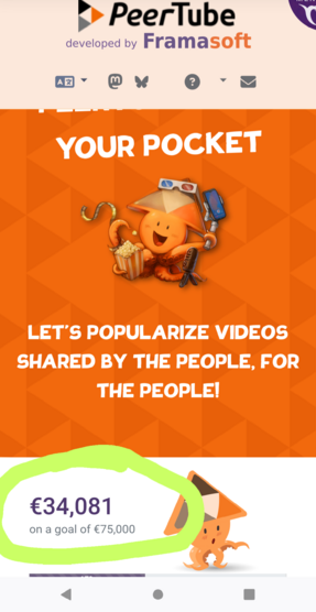 Screenshot of the framasoft peertube fundraising appeal, circled in green is the amount €34,081