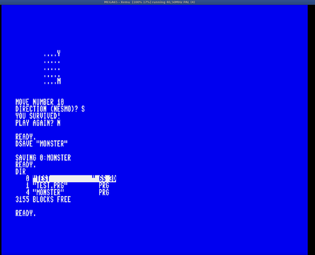 Blue screen with white text showing part of a cli game and BASIC saving program command.