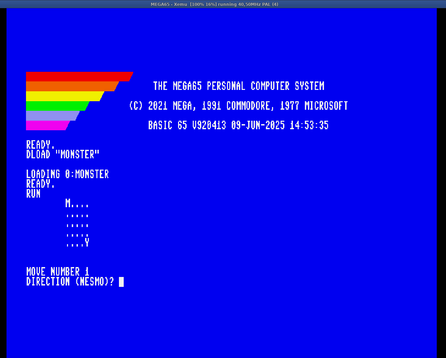 Mega65 BASIC screen (blue background, white text) showing the CLI load of a program and the initial run of it.