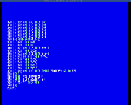 Blue screen with white and green text showing part of a BASIC program listing.