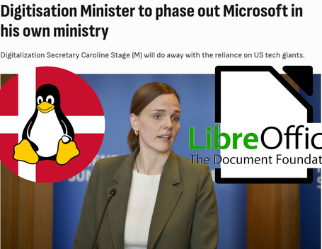 Screenshot of an article from the Danish newspaper Nordjyske. The headline reads, 'Digitisation Minister to phase out Microsoft in his own ministry,' with the subtitle, 'Digitalization Secretary Caroline Stage (M) aims to reduce reliance on US tech giants.' The image features Danish Minister of Digitization Caroline Stage standing at a podium, likely delivering a speech or making an announcement. She is dressed in a green blazer over a white top, with her hair neatly pulled back.
