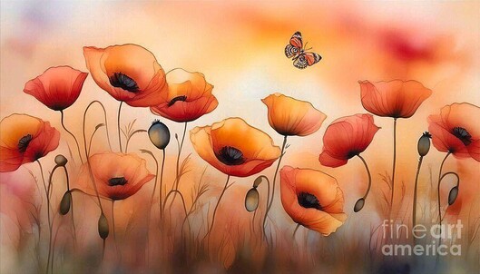 My digital art rendition of a field of orange red Poppies in watercolor and alcohol ink for a soft painterly effect.
Vibrant red poppies bloom against a soft, blurred background, giving a sense of a warm, tranquil field. A lone butterfly flutters above the flowers, adding a touch of dynamic life to the serene setting.

By Kaye Menner
https://kaye-menner.pixels.com/featured/red-orange-poppies-by-kaye-menner-kaye-menner.html



THE FINE ART AMERICA LOGO WILL NOT APPEAR ON PURCHASED PRINTS OR PRODUCTS.