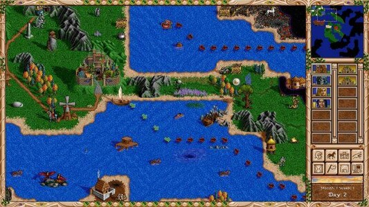 🕶️ A view of the command interface on the right and for the rest, a bird's eye view of the game map with a castle surrounded by water and a tongue of land leading to it but obstructed by a mountain. We can also see ships whose past or future trajectories are marked by arrows (brown or green), a horseman who seems to be leaving a windmill and heading for a gold mine, and some monsters.

📚️ Heroes of Might and Magic II (Heroes of Might and Magic II: The Succession Wars) is the 2nd opus (released in 1996, by New World Computing) of a series of medieval fantasy turn-based strategy games of the 4X type. Upon the death of the King of Ironfist, his two sons Roland and Archibald fight for the crown. The latter manages to exile Roland and is declared king, while Roland organizes the resistance. Each side is the subject of a game campaign. fheroes2 is a single-player / multi-player engine, libre and multi-platform, compatible and improved (modern hardware support).