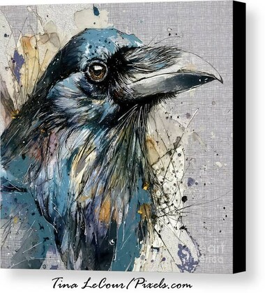 This is a mixed media canvas of a portrait of a black raven bird against a textured  grid background.
