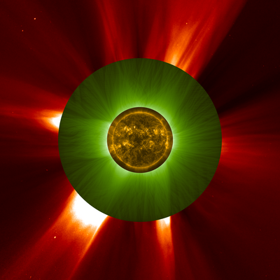 Image of the Sun composed of three different concentric images. In the centre there is a yellow disc - the Sun’s bright body.
Around it, in the second concentric image, light green hair-like tendrils extend from the Sun’s edge in all directions.
In the third, outermost part of the image, bright red rays extend further from the green tendrils towards the edges of the image.

CREDIT: ESA/NASA/Proba-2/Proba-3/SOHO/SWAP/ASPIICS/LASCO C2/WOW algorithm