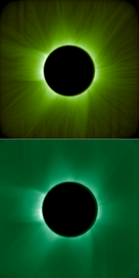 1. Image of the Sun during an artificial solar eclipse. Against a black background, the Sun’s bright body is covered by a black disc, and light green hair-like tendrils extend from the black disc in all directions. Brighter green light peeks from behind the black disc’s edge, slowly fading towards the outer edges of the image.

This image, captured in the visible light spectrum, shows the solar corona similarly to how a human eye would see it during an eclipse through a green filter. The hair-like structures were revealed using a specialised image processing algorithm.

CREDIT: ESA/Proba-3/ASPIICS/WOW algorithm

2. Image of the Sun taken during an artificial solar eclipse. Against a black background, the Sun’s bright body is covered by a black disc, and blue-green hair-like tendrils extend from the black disc in all directions. Brighter green light peeks from behind the black disc’s edge, slowly fading towards the outer edges of the image.

This image shows observations in the coronal green line – a spectral line emitted by iron atoms that lost half of their electrons due to extremely high temperatures. This allows us to see the hottest contents of the corona, at up to 2 million degrees. On the upper left side, a hot loop can be seen extending from the Sun’s surface into the corona, a structure which generally appears following a solar flare.

CREDIT: ESA/Proba-3/ASPIICS