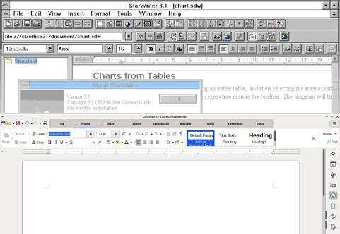 Screenshot comparison of StarWriter 3.1 from the 1990s, and LibreOffice today