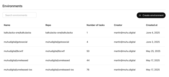 Environments Name Repo Number of tasks Creator Created at kalkulacka-one/kalkulacka kalkulacka-one/kalkulacka 1 martin@muhu.digital June 4, 2025 muhudigital/gotosocial muhudigital/gotosocial 4 martin@muhu.digital June 3, 2025 muhudigital/lbcwtf muhudigital/lbcwtf 50 martin@muhu.digital May 25, 2025 muhudigital/unreleased muhudigital/unreleased 44 martin@muhu.digital May 17, 2025 muhudigital/unreleased-ios muhudigital/unreleased-ios 76 martin@muhu.digital May 17, 2025