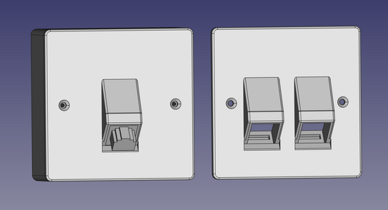 A keystone holder for RJ45 network cables in FreeCAD. Left a version for one, right a faceplate for two ports.